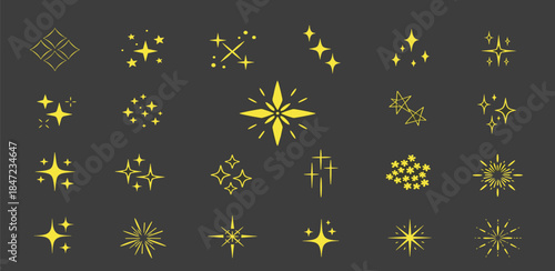 Collection of Golden Sparkle and Starburst Icons on a Dark Background