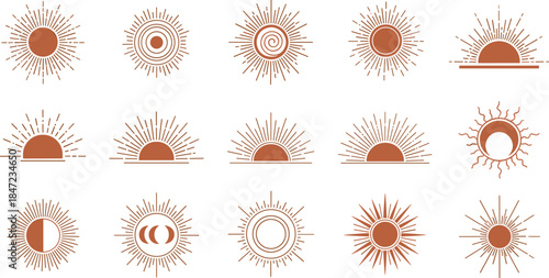 Set of Celestial Body Icons Sun, Moon and Eclipse Symbols in a Boho Style
