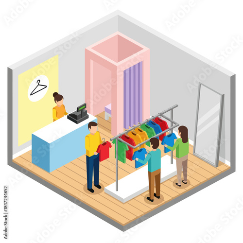 Isometric Clothing Store with Customers and Staff.