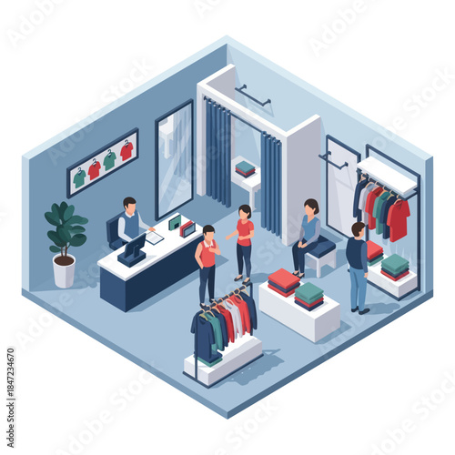 Clothing Store Interior with People Shopping.