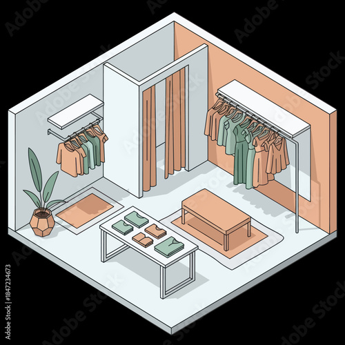 Isometric Illustration of a Clothing Store Interior.