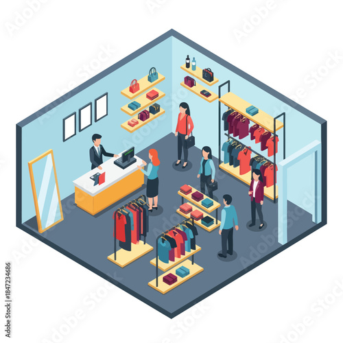 Isometric Clothing Store with Customers Shopping.