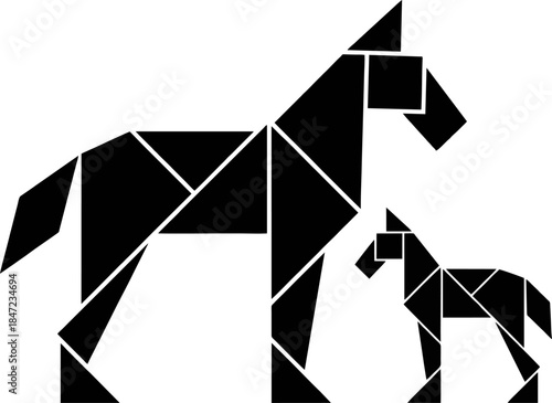 Mare and Foal Tangram Silhouette Vector. Geometric Black Puzzle Horse Family Illustration for 2026