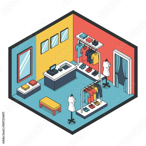 Isometric Clothing Store with Mannequins and Racks.