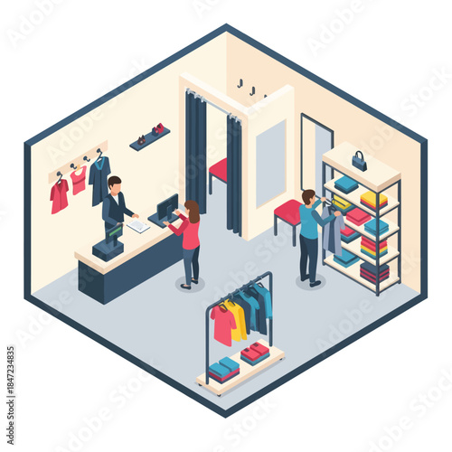 Clothing Store Employees Assisting Customers Inside.