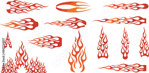Assortment of vibrant flame vector designs, perfect for automotive customization, fiery decal applications, and expressive graphic art that conveys speed and intensity