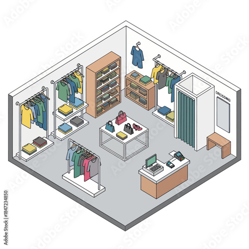 Clothing Store Interior with Racks and Displays.