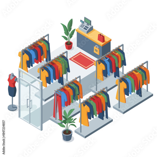 Clothing Store with Racks and Cashier.
