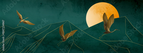 Abstract landscape art background with mountains, moon, and cranes. A natural banner for decor, prints, wallpaper, textiles, posters, and interior design.
