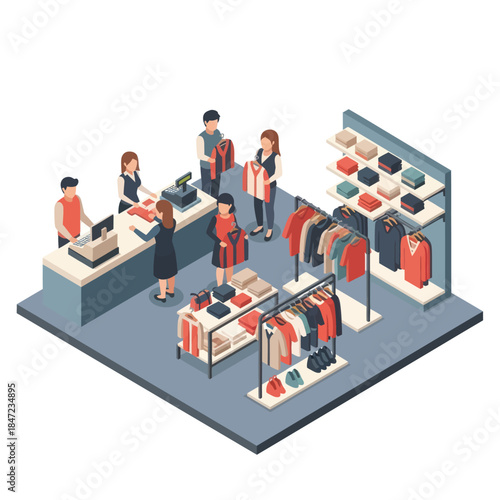 Isometric Clothing Store with Customers Shopping.
