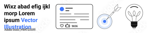 Social media marketing, online interaction, precision strategy, innovation, creativity, success. a social media post, a target with an arrow and a lightbulb. Social media marketing and precision