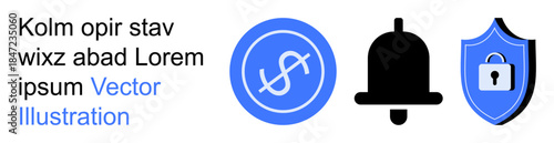 Financial systems, alert management, cybersecurity, secure transactions, payment notifications, online protection. a dollar icon, notification bell and shield with a lock. Financial systems