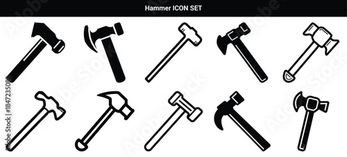 Black and White Hammer Icons Illustration Set with Different Hammer Styles and Designs