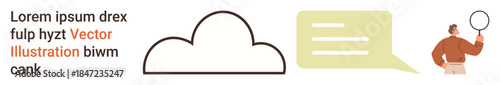 Technology, communication, data analysis, information sharing, cloud concepts, brainstorming. A cloud shape, speech bubble and person with magnifying glass. Communication and data analysis concept