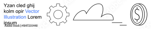 Cloud computing, business solutions, financial services, digital economy, productivity tools, technology. Minimalist design with gear, cloud and dollar symbols. Cloud computing and business