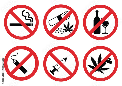 Forbidding Vector Signs, a professional vector pack including prohibition icons for no smoking, no drugs, no vaping, and no alcohol, suitable for signage