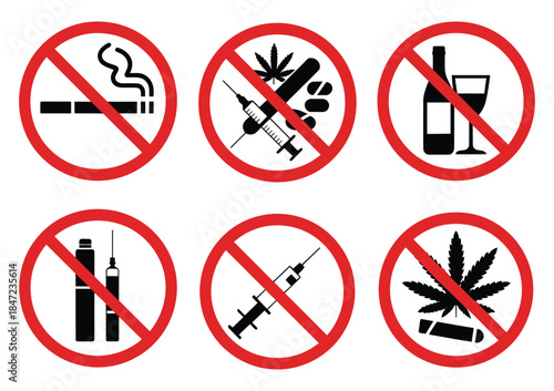 Forbidding Vector Signs, a clean isolated vector collection featuring no smoking, no drugs, no vaping, and no alcohol symbols for public safety, health, and educational design