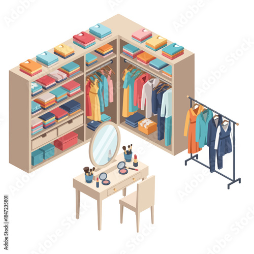 Modern Walk-in Closet with Clothing and Accessories.