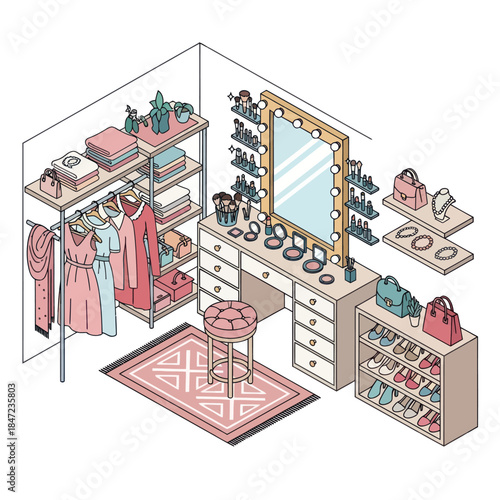 Illustration of a Womans Walk in Closet.