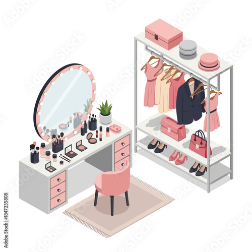 Womans Dressing Room with Clothes and Accessories.