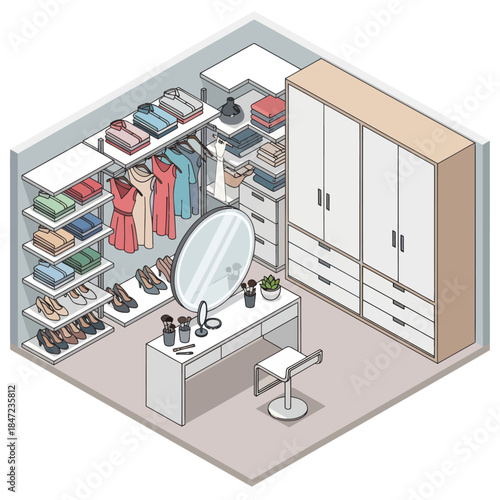 Modern Walk-in Closet with Dressing Area.
