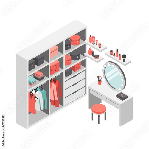White Dressing Room with Clothes and Cosmetics.