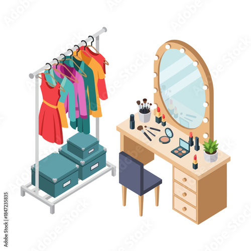 Dressing Room with Clothes and Makeup.