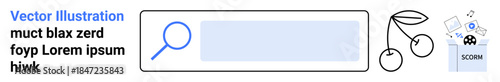 Digital organization, file management, online research, data cleanup, web tools, search functions. Magnifying glass, search bar file icons and trash bin. Digital organization and file management