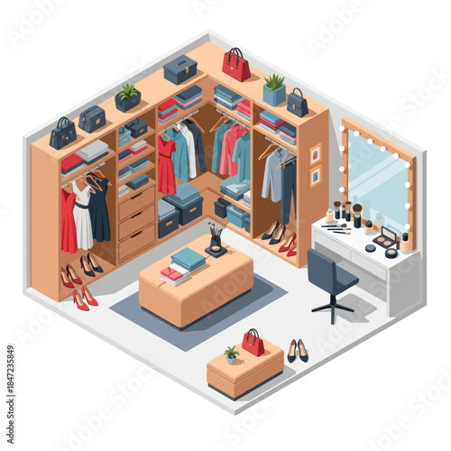 Luxurious Walk-in Closet with Modern Furniture.