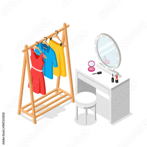 Clothing Rack with Dresses and Vanity Table.