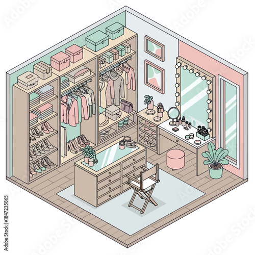 Luxurious Walk-in Closet with Modern Furniture.