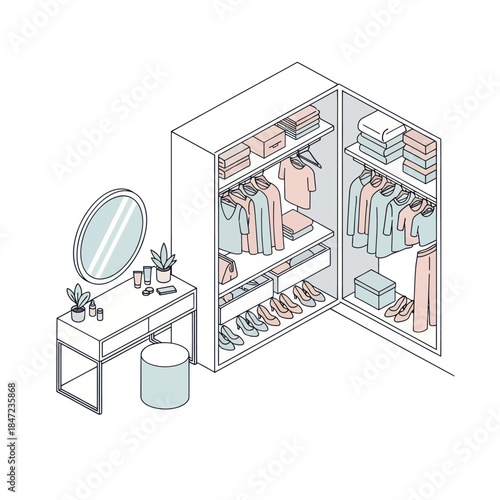 Illustration of a Wardrobe and Vanity.
