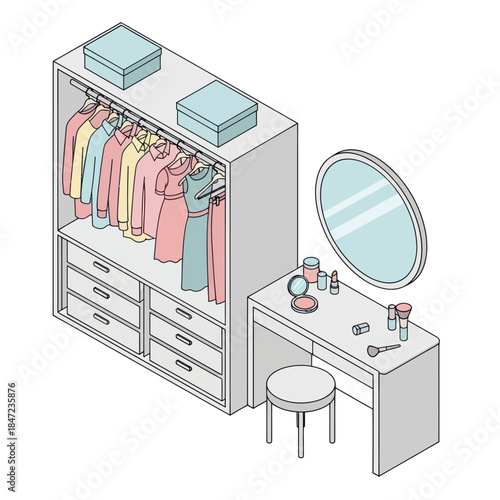 Dressing Room Wardrobe and Vanity Table Illustration.