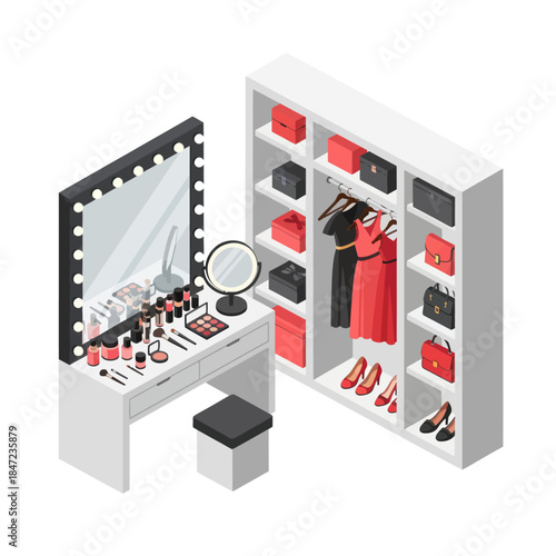 Modern Vanity Table with Wardrobe and Accessories.