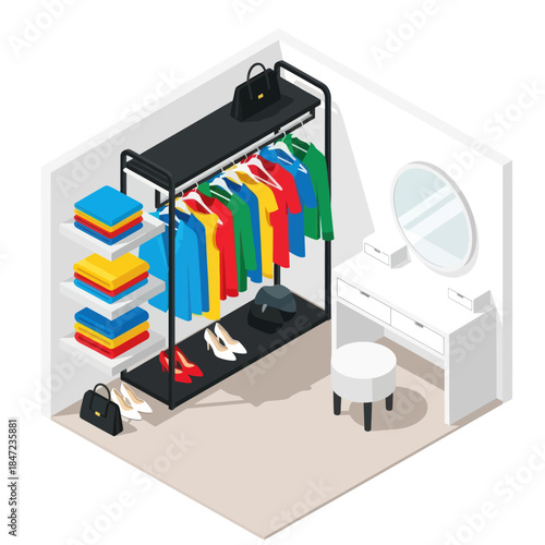 Fashionable Clothing on Rack with Accessories.