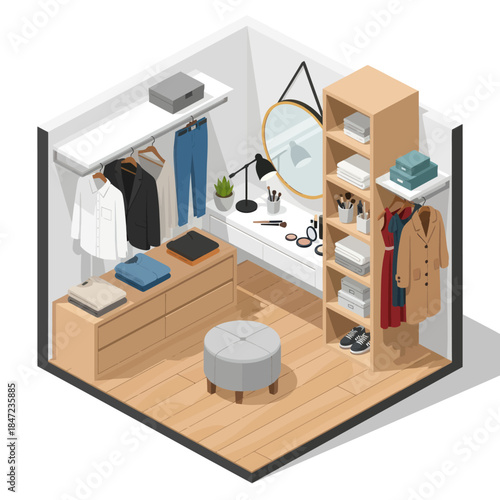 Isometric View of Modern Walk-in Closet Space.
