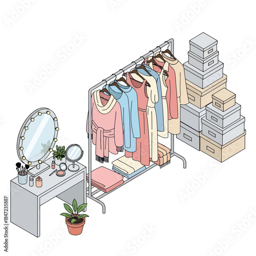 Clothing Rack with Clothes and Accessories.