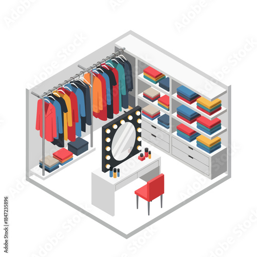 Isometric View of Modern Walk-in Closet Space.