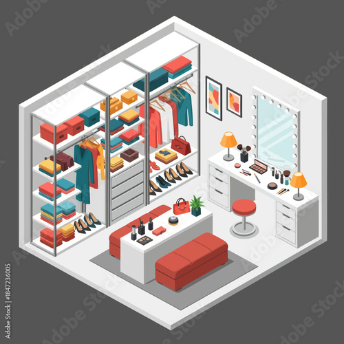 Isometric View of Modern Walk-in Closet Interior.