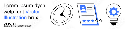 Time tracking, career development, innovation, efficiency, human resources, performance evaluation. Clock, resume with stars light bulb with gear. Time management and career development concepts
