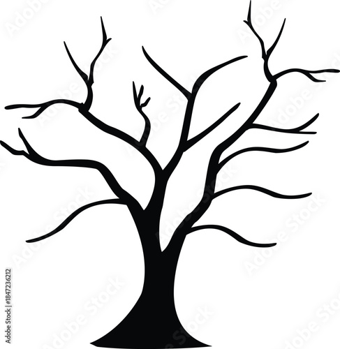 Simple Black Silhouette of a Bare Tree with Branches and Trunk on White Background