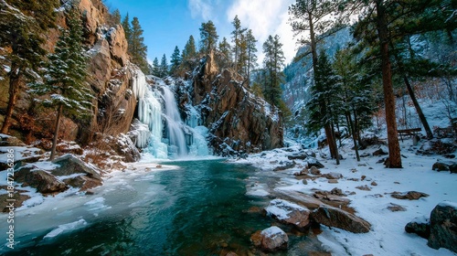 A mesmerizing winter landscape with a partially frozen waterfall cascading into a turquoise pool, surrounded by snowy rocks and evergreen trees.