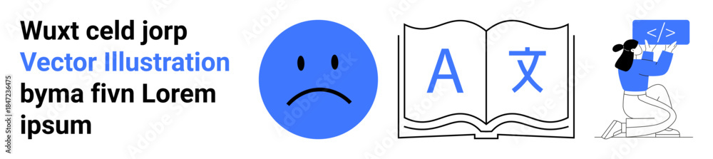 Fototapeta premium Education, language translation, coding, emotions, learning resources, technology tools. Sad face emotion, open book with language icons programmer using computer for coding. Education and language