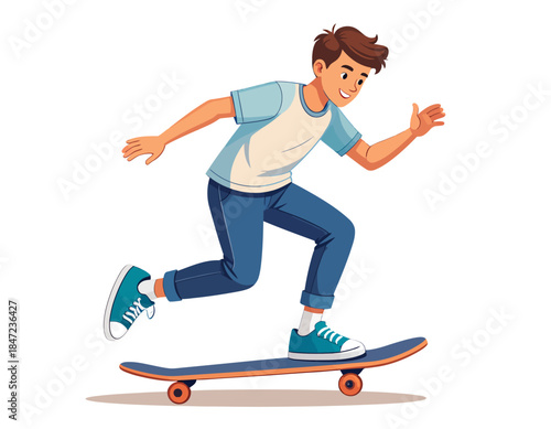 Teenage Boy Playing Skateboard in Dynamic Motion, Modern Flat Vector Illustration Isolated