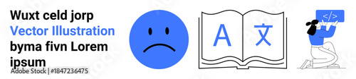 Education, language translation, coding, emotions, learning resources, technology tools. Sad face emotion, open book with language icons programmer using computer for coding. Education and language