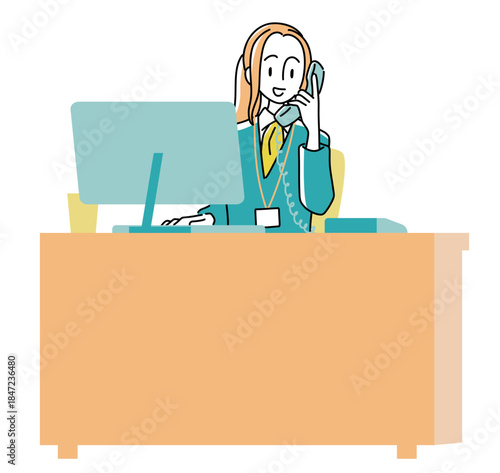 Female Office Worker Answering Phone at Desk (1 Person, 20s, Upper Body) – Business Illustration