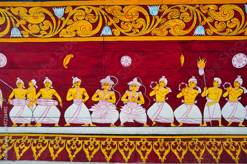 Stunning fresco depicting dancers celebrating the Esala perehera procession of the sacred tooth in its golden casket at the Temple of the Tooth,Sri Dalada Maligawa,built in 1595 in Kandy,Sri Lanka