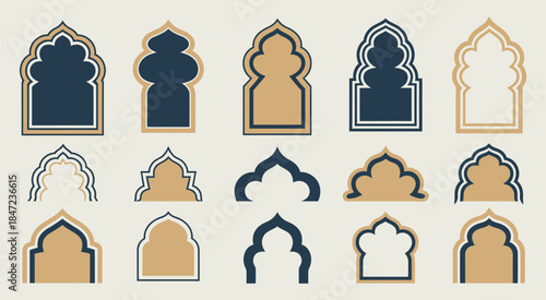 Islamic and Moroccan Arch Designs, a vector collection featuring diverse arch shapes and intricate motifs suitable for decorative backgrounds, architectural concepts, cultural illustration, 
