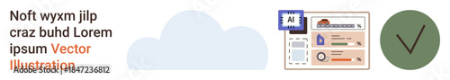 Identity verification, information security, cloud computing, digital processes, online verification, secured networks. Cloud with digital ID and a checkmark. Identity verification and information