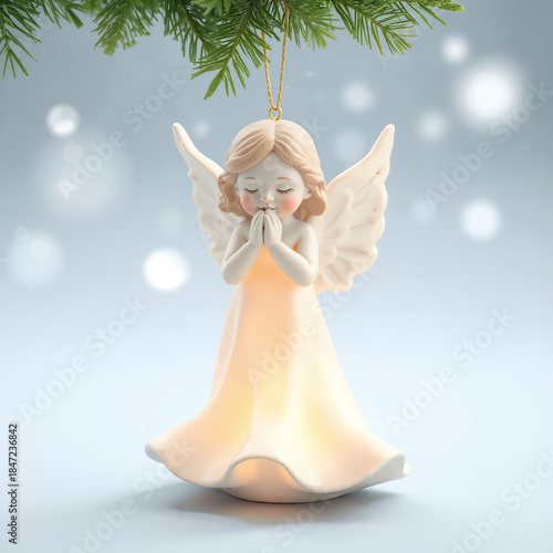 Delicate angel figurine ornament hanging from a tree branch, symbolizing holiday spirit
